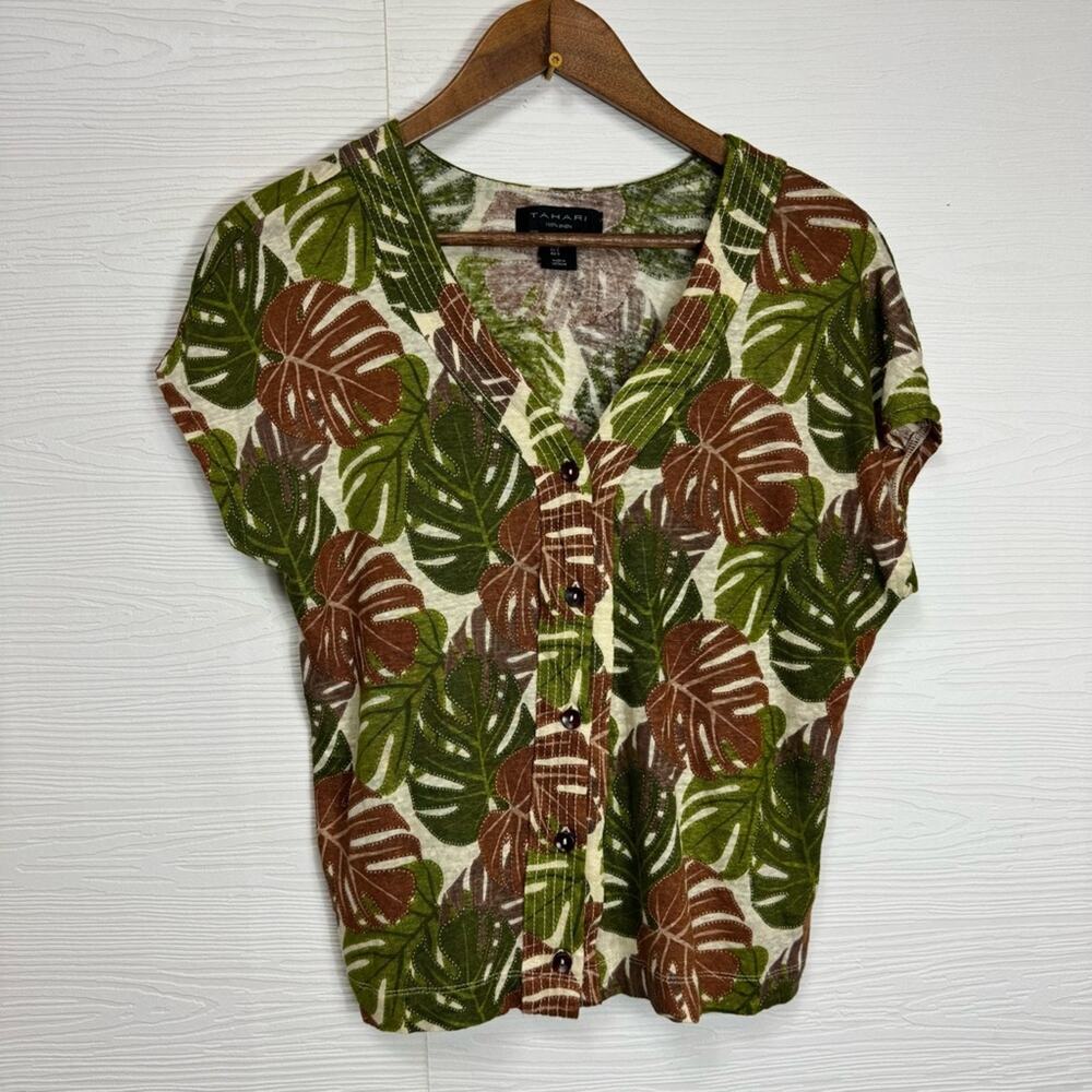 Tahari Brown Green Tropical Leaf Button Down Short Sleeve Linen T-shirt Top S